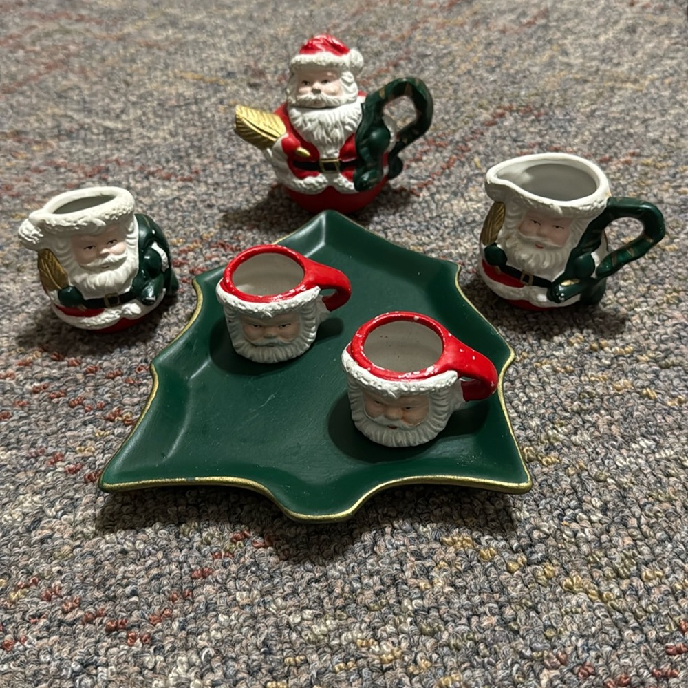 Vintage Mini Tea Set Christmas Tree Tray Santa Claus Holiday Collector’s Decor